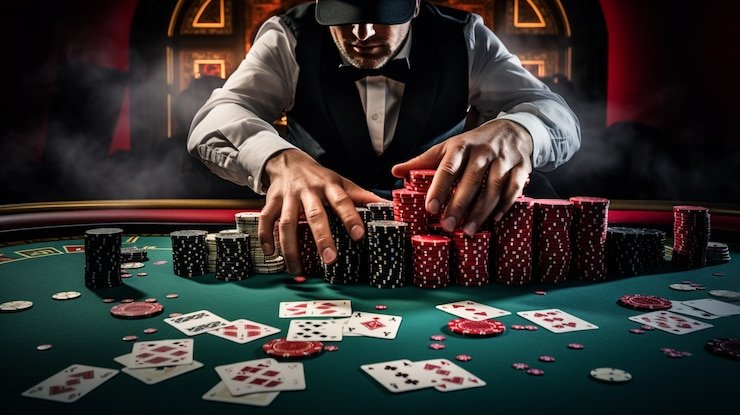 Suasana meja kasino langsung j2000m dengan dealer dan tampilan kartu yang jelas di layar
